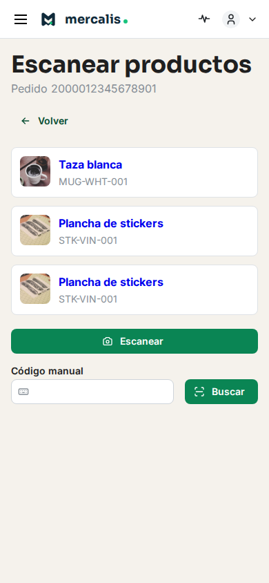 Pantalla mobile de Mercalis para escanear productos pendientes de un pedido