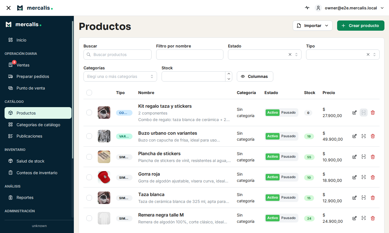 Listado de productos de Mercalis con stock, estado, SKU y precios visibles